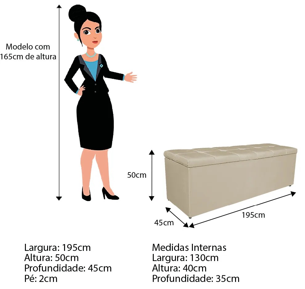Calçadeira Estofada Manchester 195 cm King Size Corano Bege - ADJ Decor