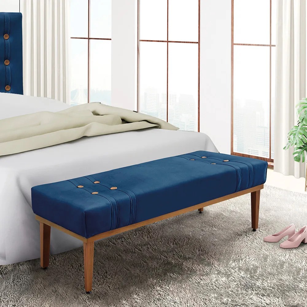 Divã Recamier Banco Base Madeira para Quarto Gênova 140cm Suede S04 - D'Rossi - Azul Marinho