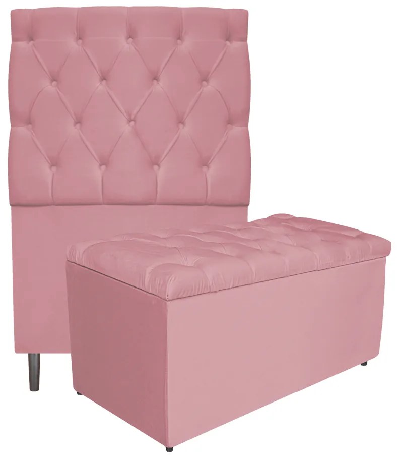 Kit Cabeceira e Calçadeira Liverpool 90 cm Solteiro Suede Rosa Bebê - ADJ Decor
