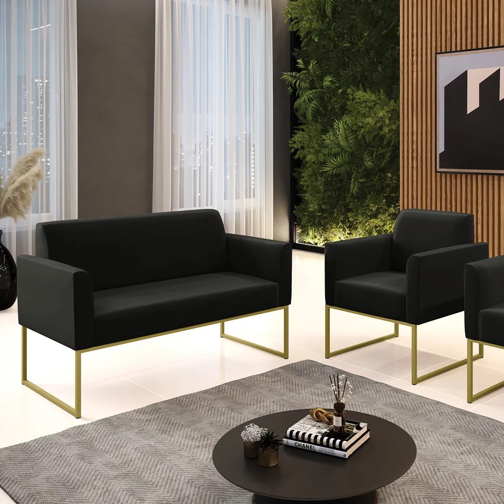 Sofá Namoradeira com Poltrona Base Industrial Dourado Marisa Suede Preto D03 - D'Rossi