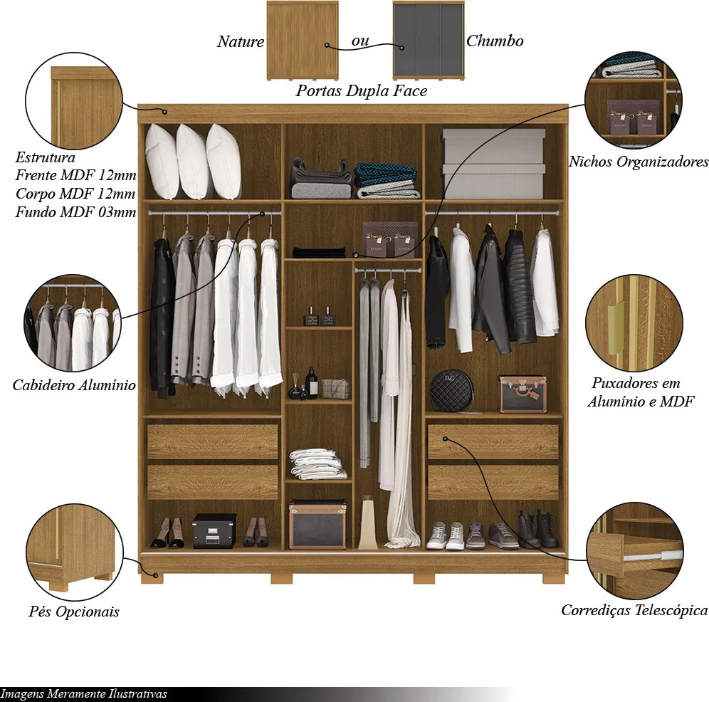 Guarda Roupa Casal Heros 3 Portas de Correr Dupla Face com Gavetas MDF Nature/Chumbo G98 - Gran Belo