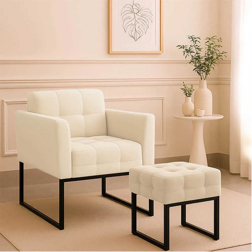 Poltrona Sala e Puff Decorativo Industrial Elisa Suede D03 - D'Rossi - Bege