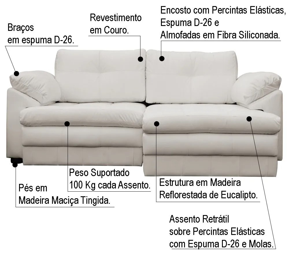 Sofá Retrátil 2 Lugares Bipartido Sala de Estar Piece 175cm Couro Off White - Gran Belo