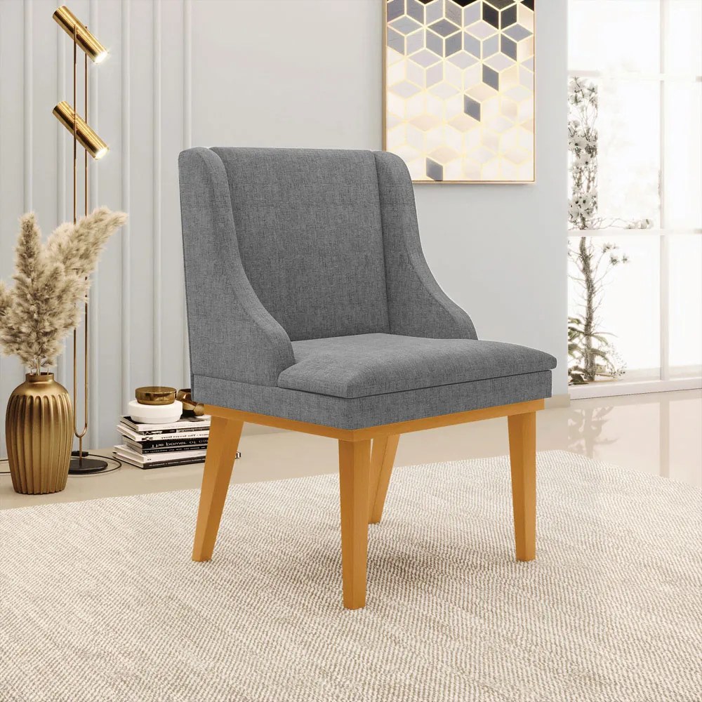Poltrona Decorativa Base Fixa de Madeira Firenze Linho Grafite/Castanho G19 - Gran Belo