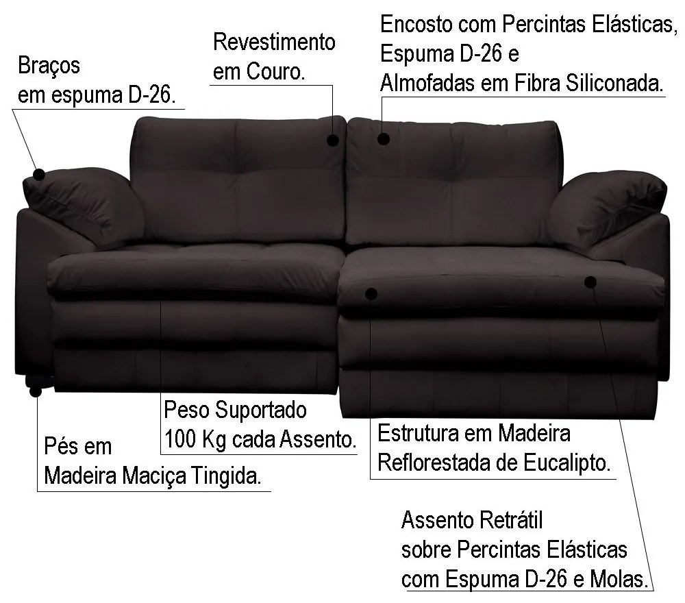 Sofá Retrátil 2 Lugares Bipartido Sala de Estar Piece 175cm Couro Marrom - Gran Belo