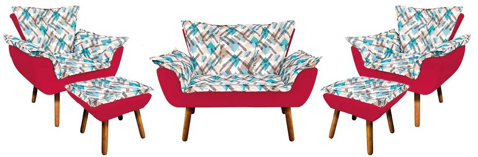 Kit 01 Namoradeira com 02 Poltronas e 02 Puffs Opala Composê Suede com Estampado Traçado Azul D33 Pés Palito Castanho - Vermelho
