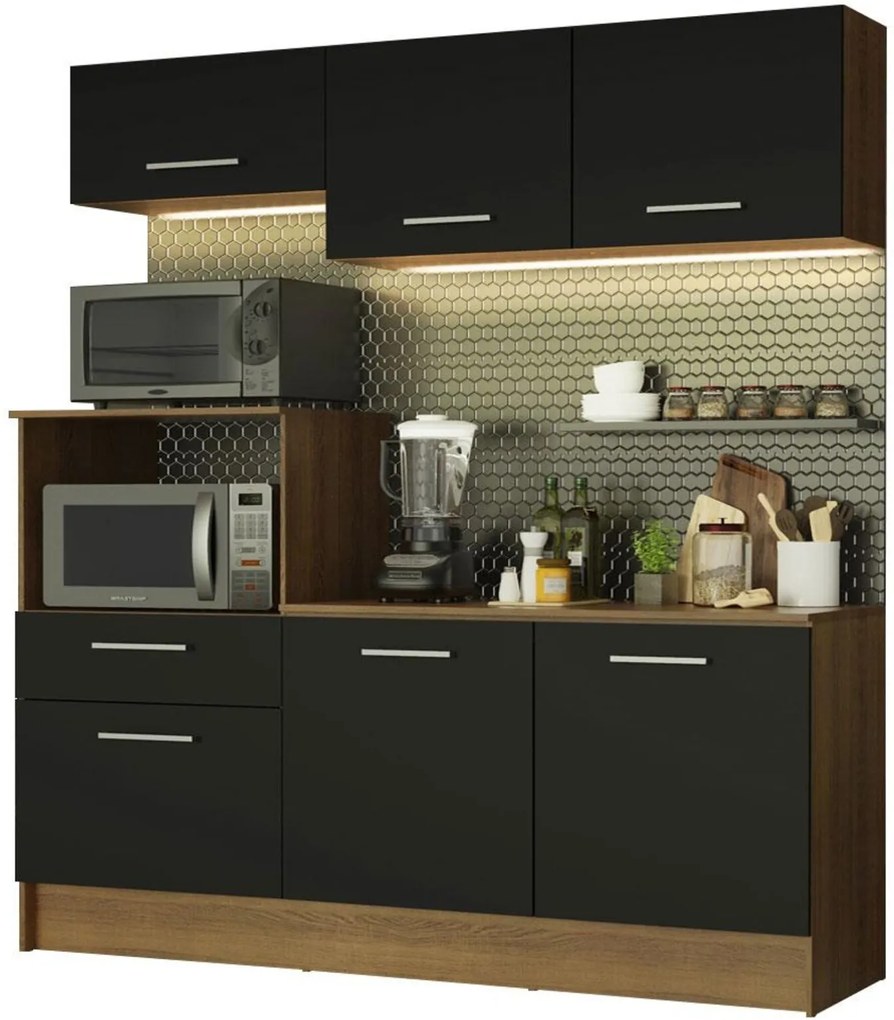 Cozinha Compacta Madesa Onix 180001 com Armário e Balcão - Rustic/Preto Marrom