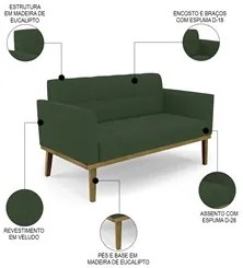 Sofá Namoradeira e 2 Poltronas Base Madeira Castanho Ana Veludo Verde