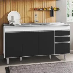 Balcão Gabinete com Pia Inox 150cm 4 Portas 2 Gavetas Marrocos Branco/