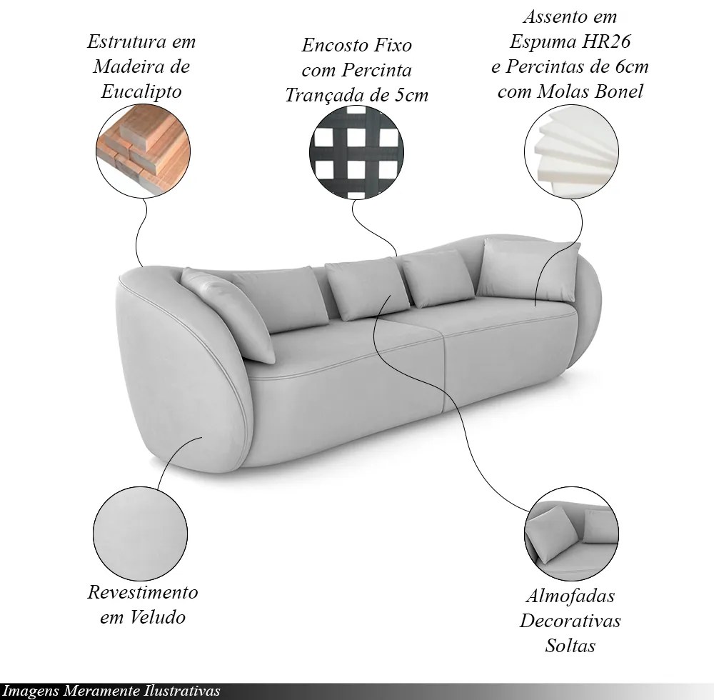Sofá Bipartido Sala de Estar Diamond 212cm com Almofadas Soltas Veludo Cinza G52 - Gran Belo
