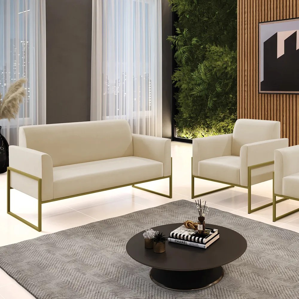 Sofá Namoradeira com Poltrona Base Industrial Alta Dourado Marisa Suede D03 - D'Rossi - Bege