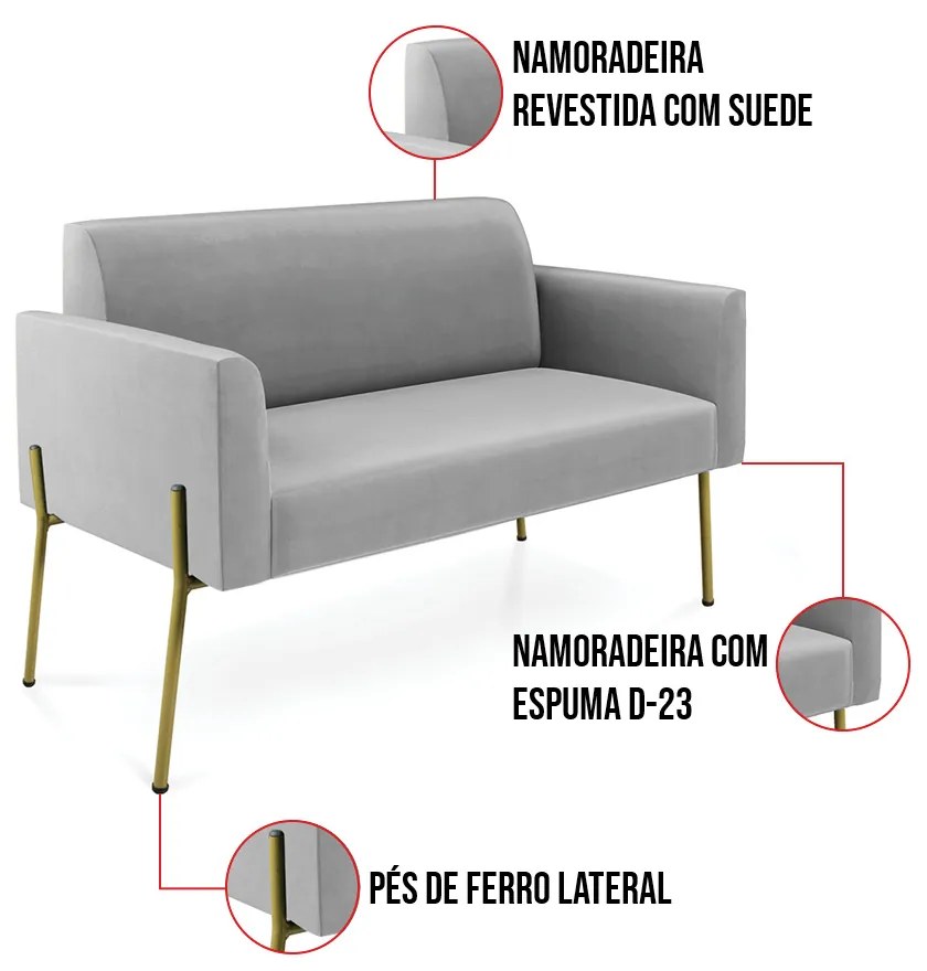 Sofá Namoradeira e 2 Poltronas Pé de Ferro Dourado Marisa Suede D03 - D'Rossi - Cinza
