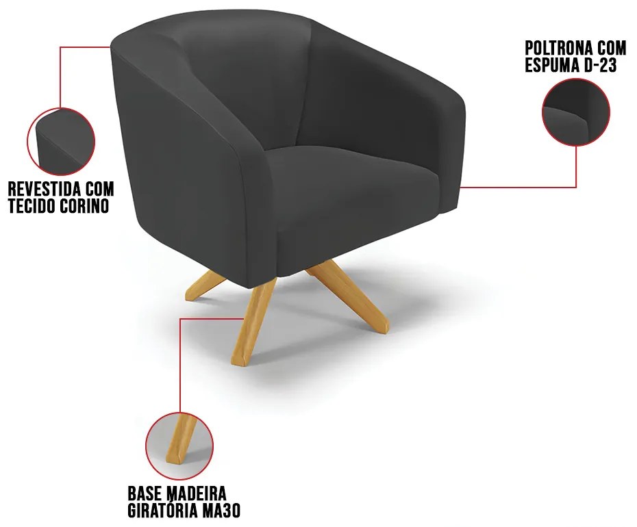 Sofá Namoradeira e Poltrona Giratória MA30 Stella Sintético D03 - D'Rossi - Preto