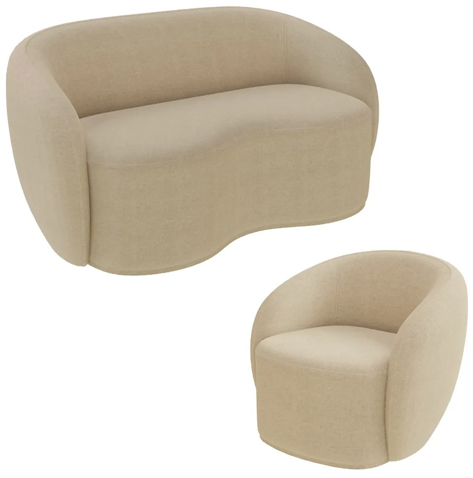 Conjunto 1 Sofá Living 180cm e 1 Poltrona Decorativa Sala de Estar Íbis Encosto Fixo Bouclê Bege G33 - Gran Belo