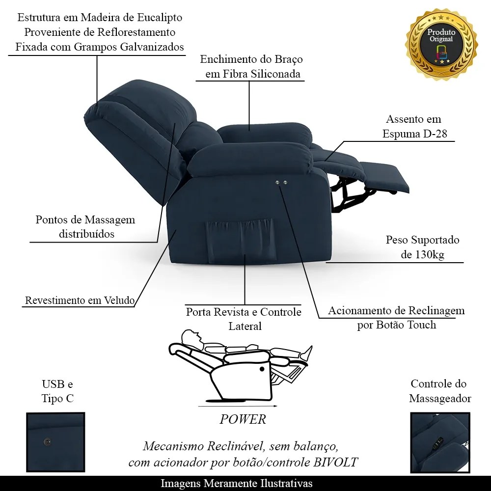 Poltrona do Papai Reclinável Sala de Cinema Madrid Power Touch Massagem USB Veludo Azul G23