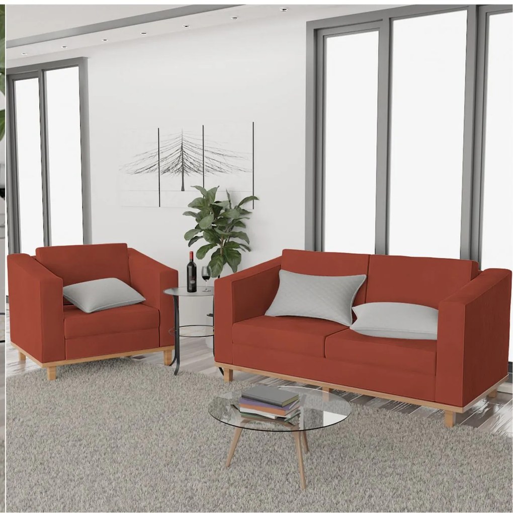 Kit Sofá 2 Lugares e Poltrona Europa Suede Terracota ADJ Decor