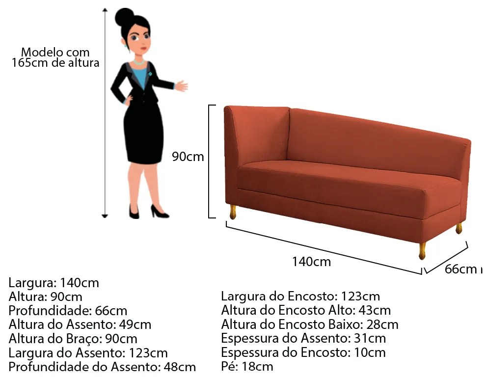 Recamier Valéria 140cm Lado Direito Suede Terracota- ADJ Decor