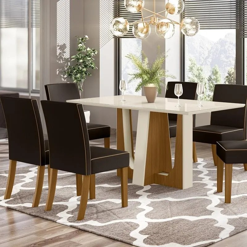 Mesa de Jantar Tampo de Vidro 160cm Alfa Nature Off White