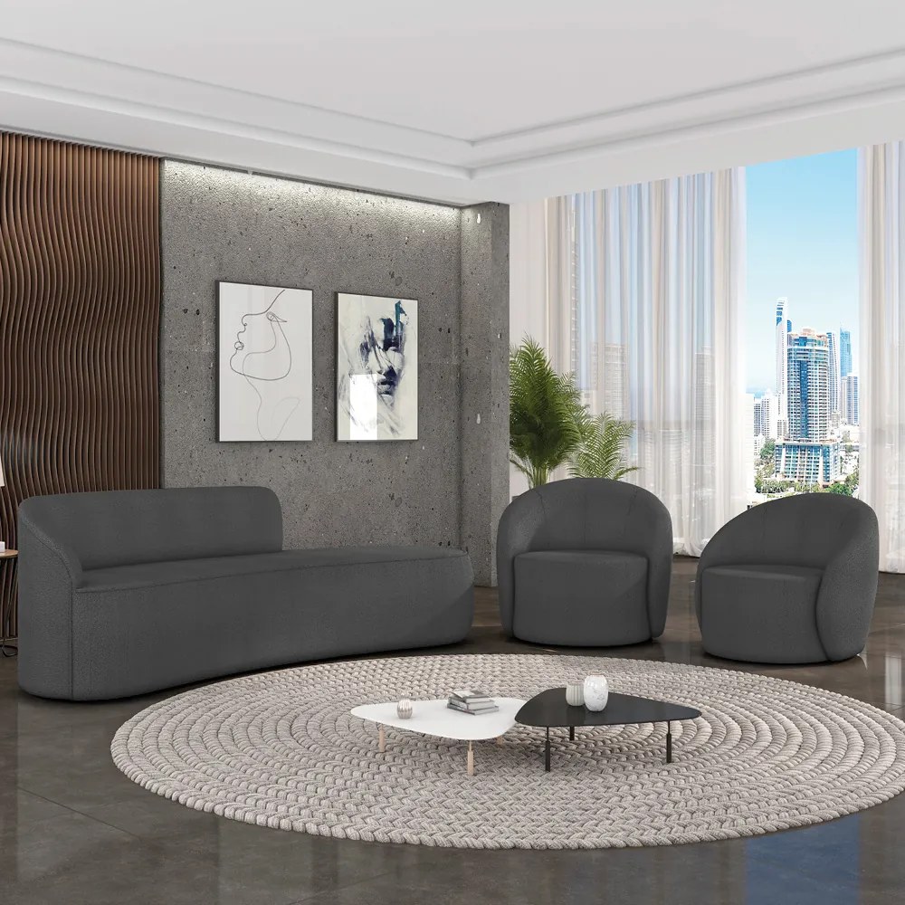 Sofá 4 Lugares Orgânico 220cm Morgan e 2 Poltronas Lua Bouclê Grafite D03 - D'Rossi