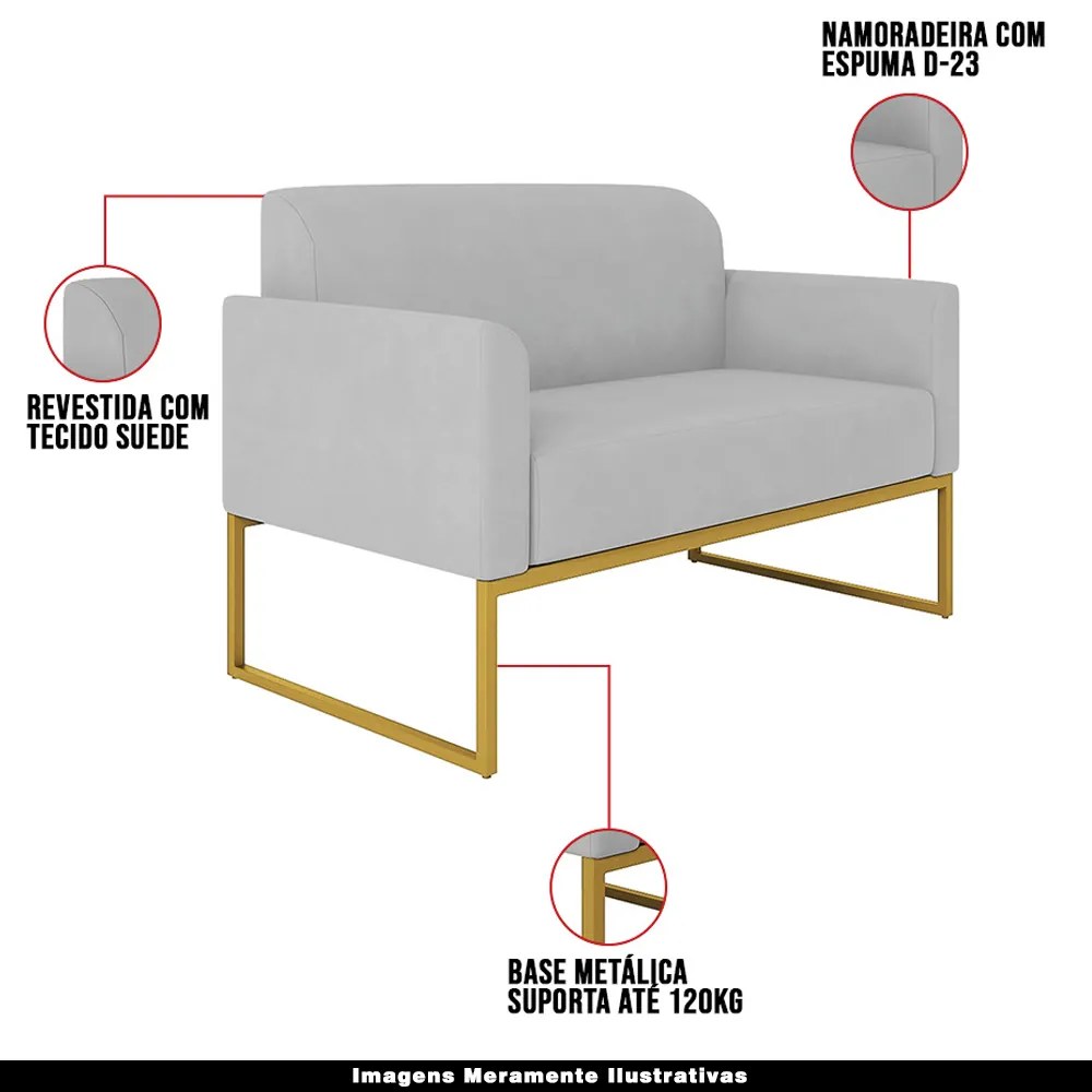 Poltrona Namoradeira Decorativa Isabella Base Industrial Suede Cinza/Dourado G19 - Gran Belo