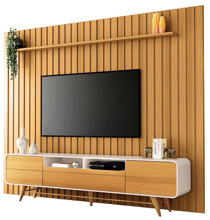 Rack para Sala Bancada de TV 85 Pol 220cm Alissa Off White/Cinamomo H01 - D'Rossi