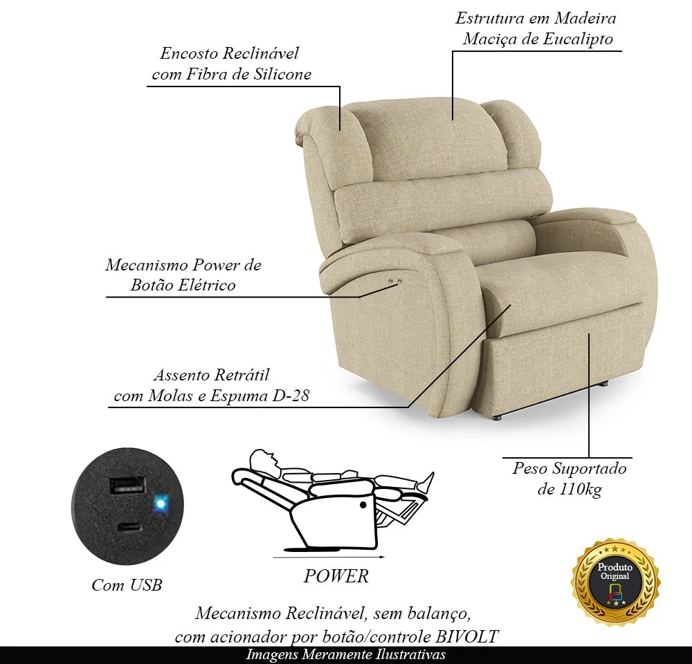Poltrona do Papai Sala de Cinema Reclinável Kylie Power Touch USB Linho Bege G23