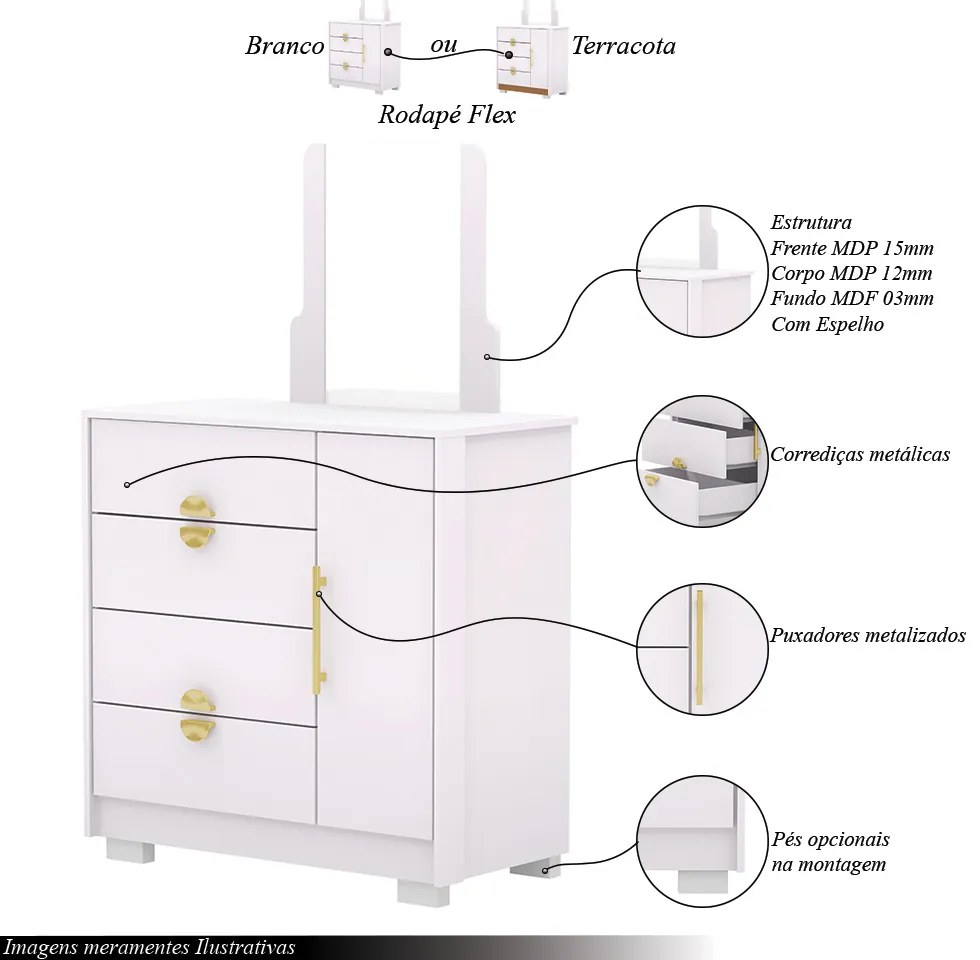 Cômoda Sapateira Flex Vollard 4 Gavetas 1 Espelho 1 Porta e Prateleira Branco/Terracota G98 - Gran Beloo
