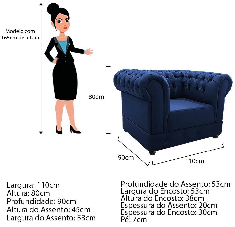 Kit Poltrona e Namoradeira Chesterfield Ana Suede Azul Marinho - ADJ Decor