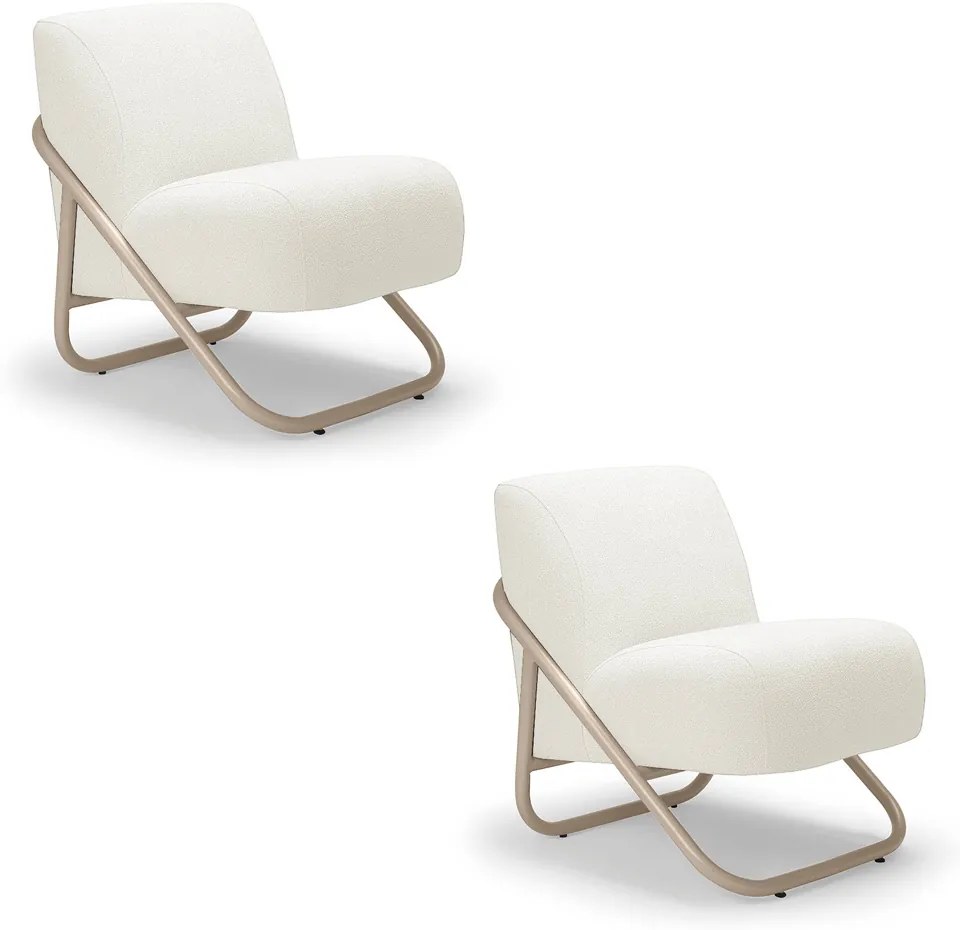 Poltrona Sala Estar Industrial Champanhe Kit 2 Martina Bouclê K01 - D'Rossi - Off White