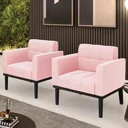 Poltrona Base Madeira Preto Kit 2 Ana Suede Rosa Bebê - Ibiza