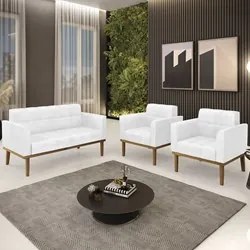 Sofá Namoradeira e 2 Poltronas Base Madeira Castanho Ana Sintético PU