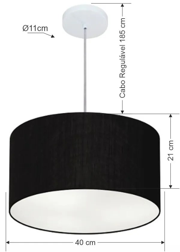 Lustre Pendente Cilíndrico Md-4019 Cúpula em Tecido 40x21cm Preto - Bivolt