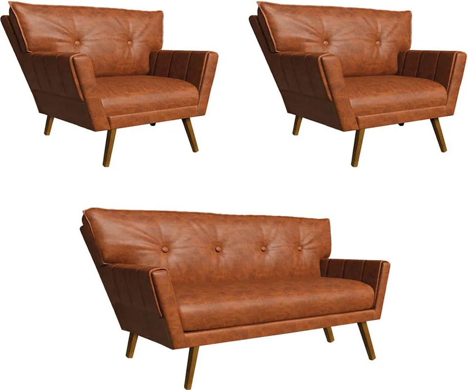 Sofá Namoradeira e 2 Poltronas Pé de Madeira Anitta Sintético PU Nozes D03 - D'Rossi