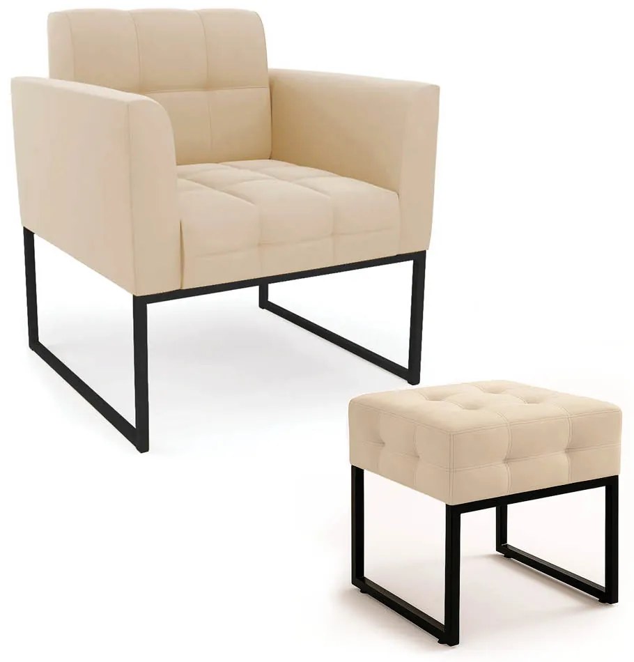 Poltrona Sala e Puff Decorativo Industrial Elisa Suede D03 - D'Rossi - Bege