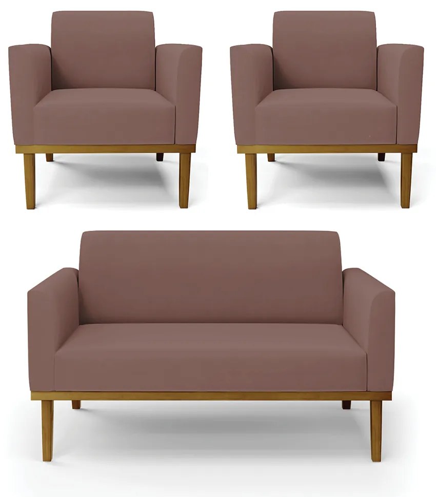 Conjunto 2 Poltronas e 1 Namoradeira Decorativa Isabella Pés Fixo em Madeira Castanho Veludo Rose G19 - Gran Belo