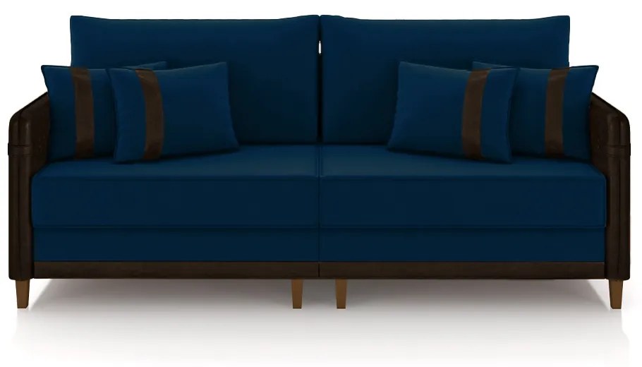 Sofá Living Montecarlo 3 Lugares Bipartido 252cm Pés em Madeira Veludo/PU Azul/Marrom G33 - Gran Belo