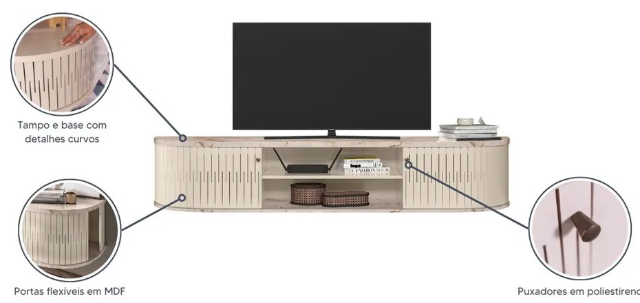 Rack TV 75 Pol 183cm Bancada Suspenso Ripado Aurenzo M20 - D'Rossi - Calacata e Off White