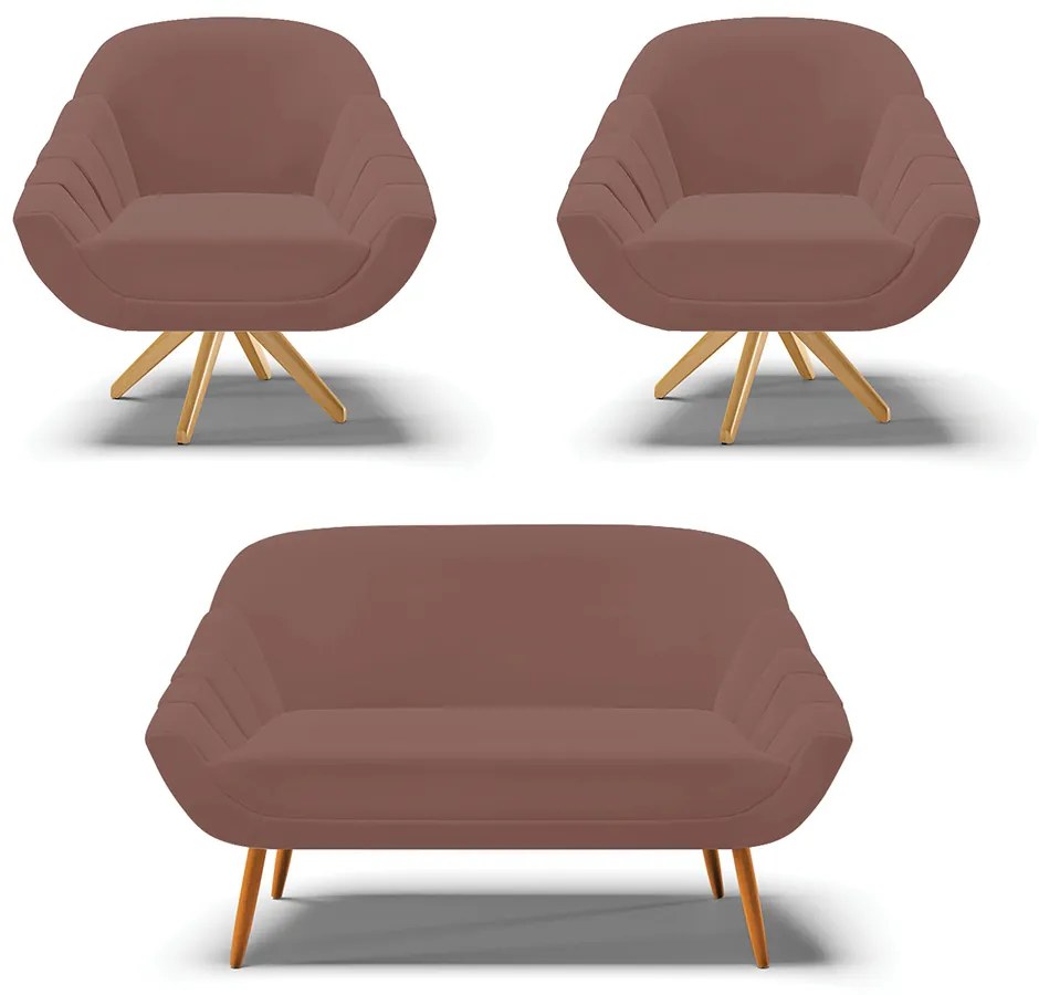 Kit 01 Namoradeira 02 Lugares e 02 Poltronas Giratória Giovana Veludo Base Madeira MA30 - D?Ros - Rose