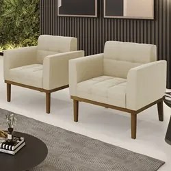 Poltrona Base Madeira Castanho Kit 2 Ana Suede Bege - Ibiza