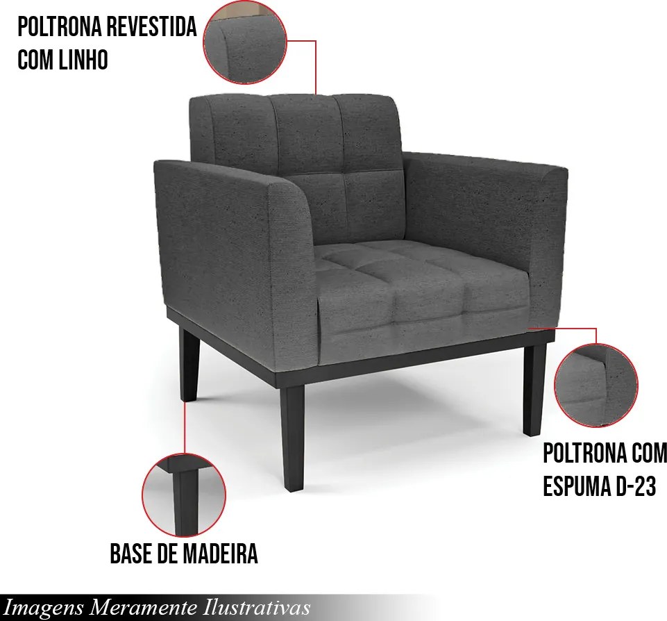 Kit 2 Poltronas Decorativas Karen Pés Fixo em Madeira Preto Linho Cinza Mesclado G19 - Gran Belo