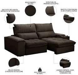 Sofá Retrátil 3 Lugares com Porta Copo 230cm Andes F05 Veludo Marrom E