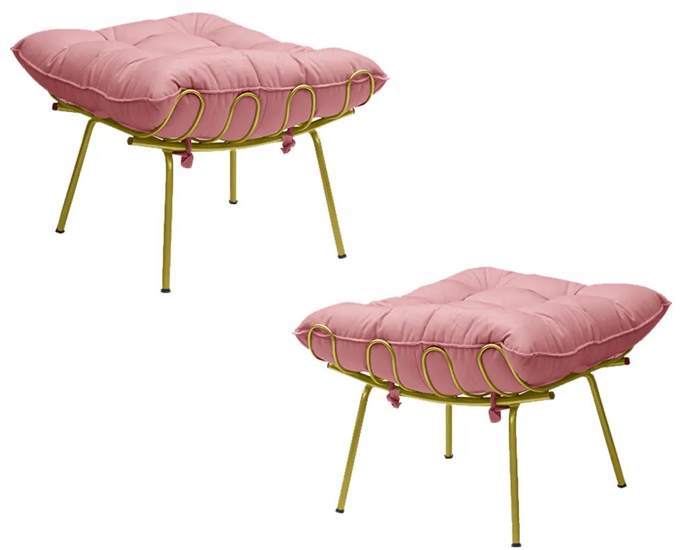 Kit 2 Puff Decorativo Sala de Estar Abel Pés Dourado Suede Rosa G41 - Gran Belo