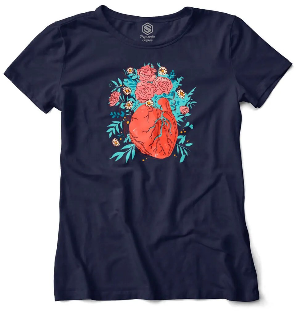 Camiseta Baby Look Coração Florido de Amor - Verde Musgo - GG