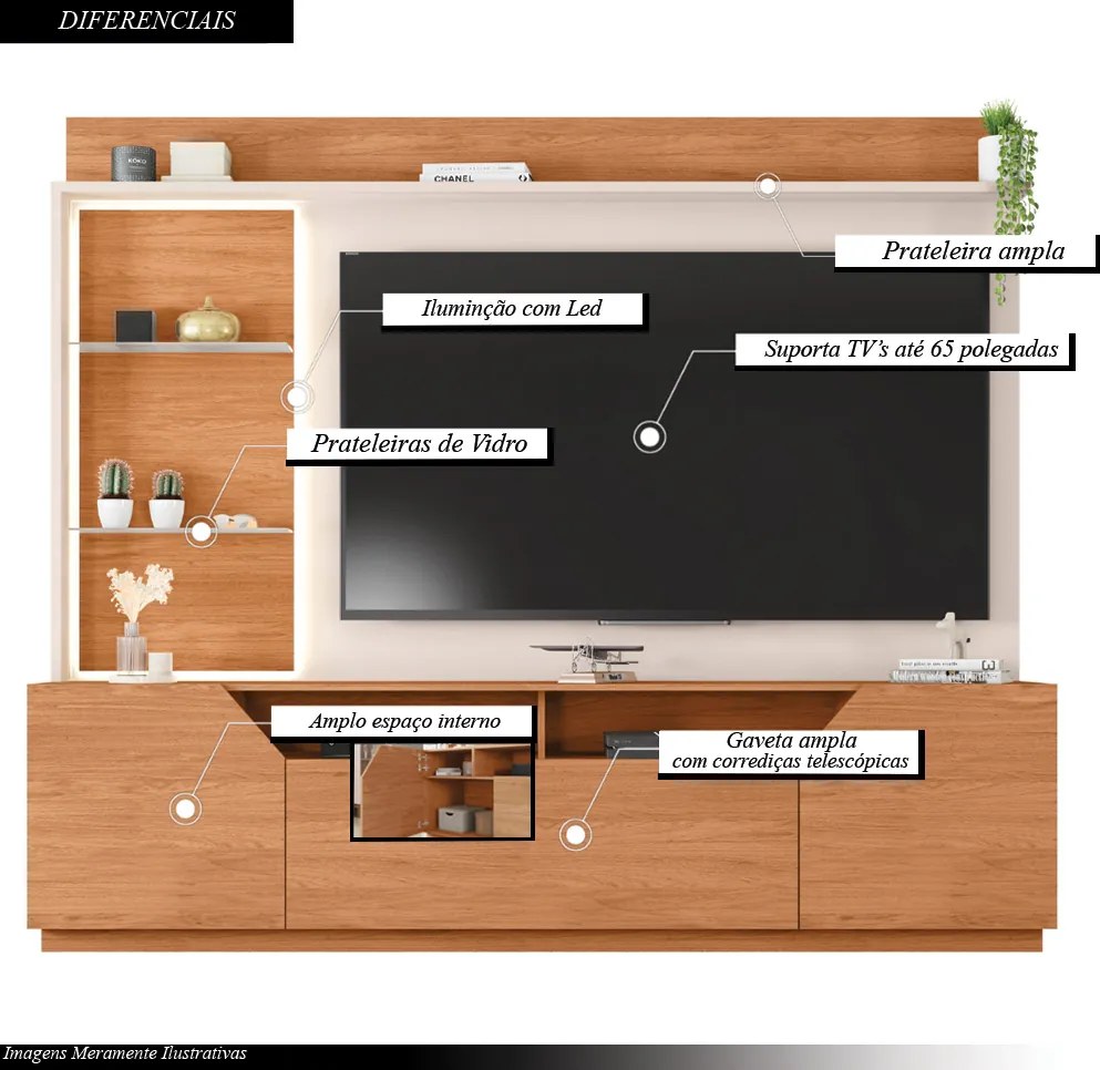 Home Theater Bruma 240cm com LED e Prateleiras em Vidro para TV até 65 MDP Freijo/Off White G11-  Gran Belo