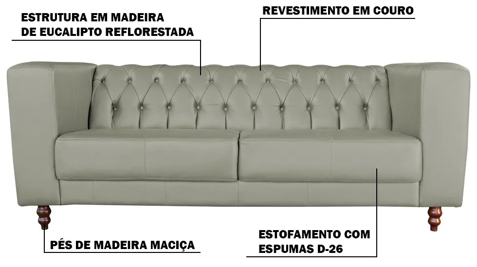Sofá 3 Lugares Ravena 200cm Couro Verde G58 - Gran Belo
