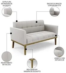 Sofá Namoradeira e 2 Poltronas Base Madeira Castanho Ana Veludo Cinza