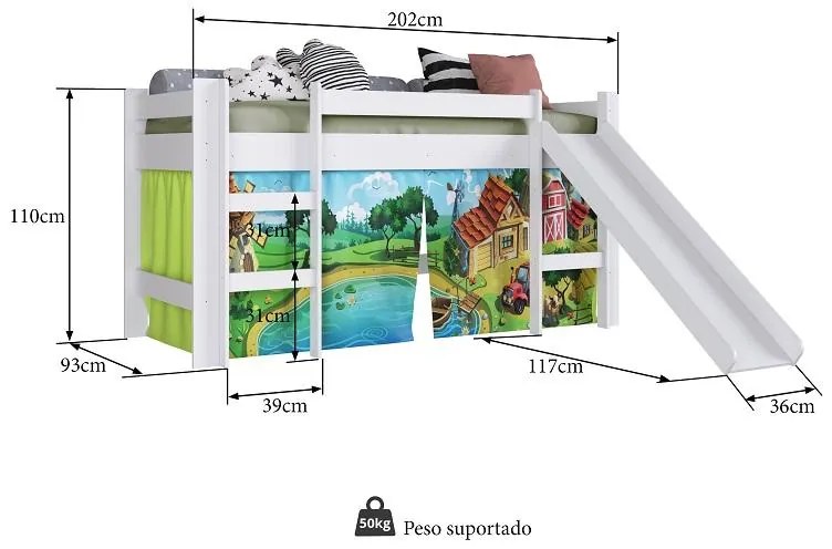 Cama Infantil Elevada com Escorregador Cortina Fazendinha
