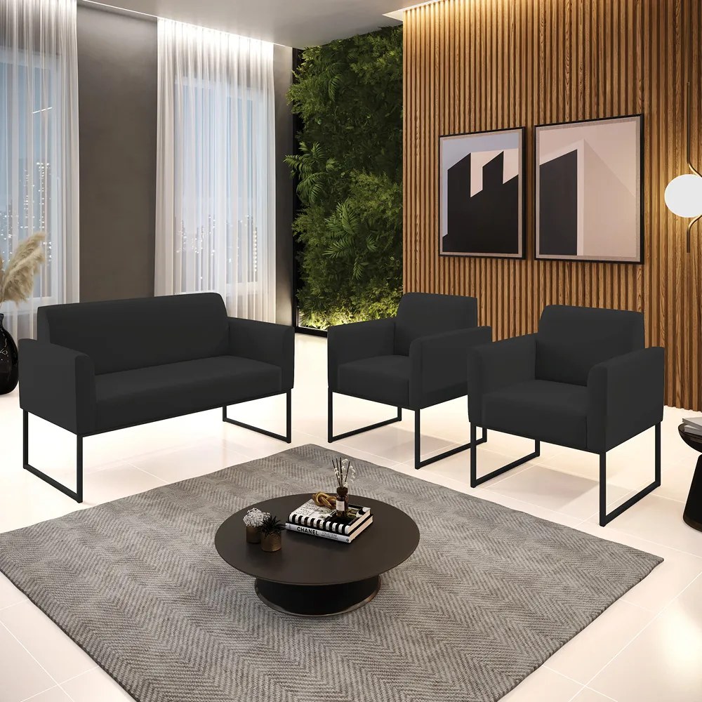 Sofá Namoradeira com 2 Poltronas Base Industrial Preto Marisa Veludo D03 - D'Rossi - Preto