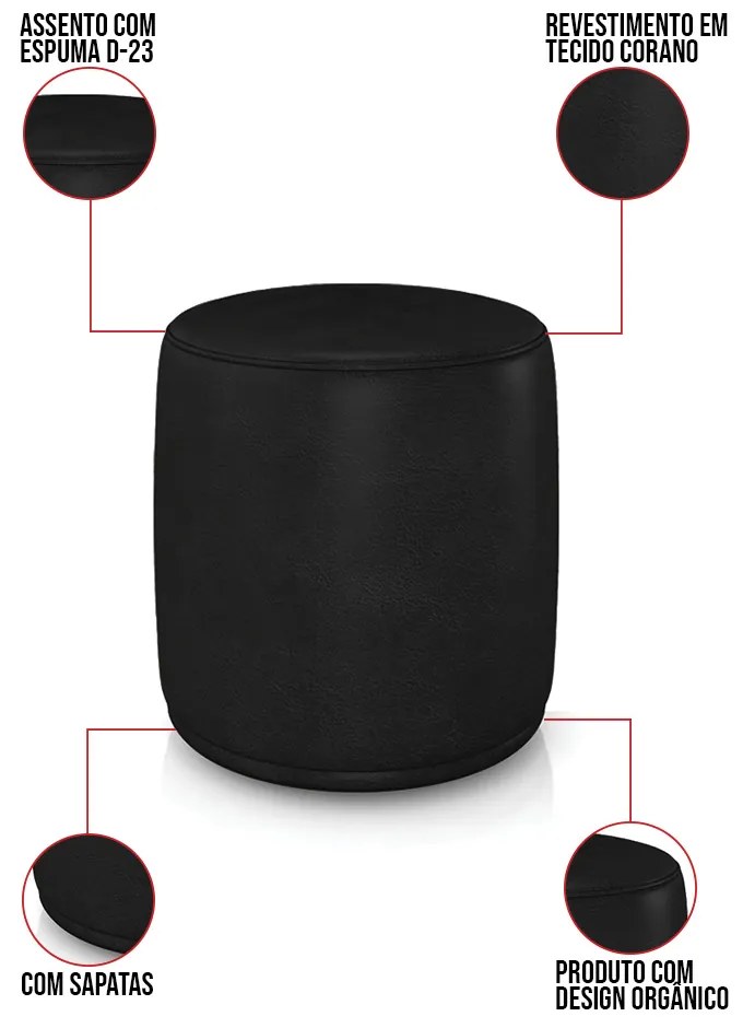 Puff Redondo Orgânico para Sala Kit 2 Malu Sintético PU M11 - D'Rossi - Preto