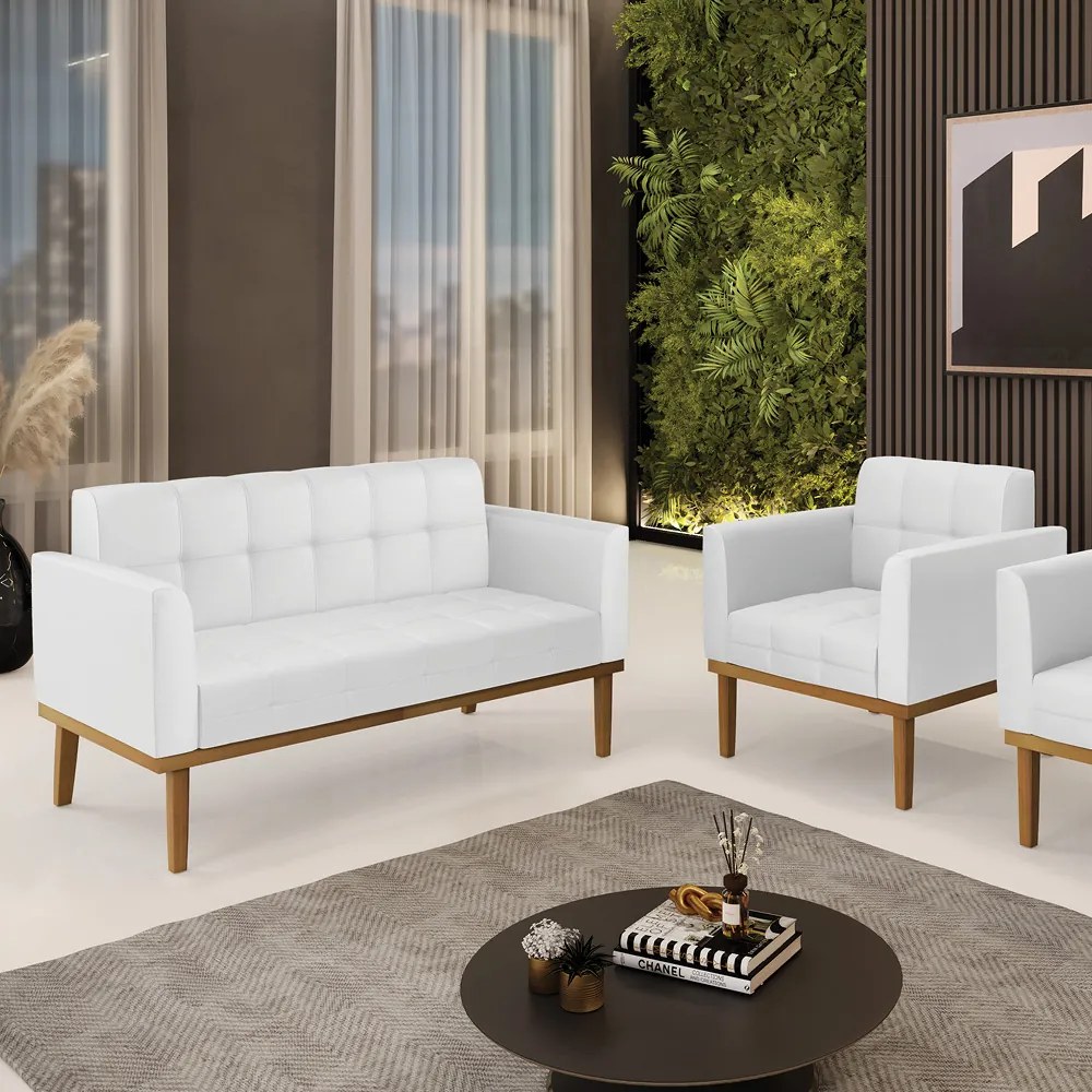 Conjunto Poltrona e Namoradeira Decorativas Karen Pés Fixo em Madeira Castanho PU Branco G19 - Gran Belo